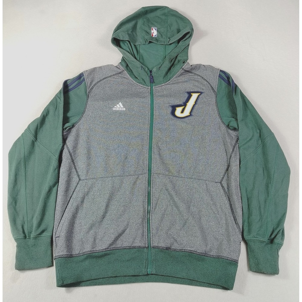 Adidas Track Jacket Mens Large Gray Green NBA Basketball Full Zip Hoodie Casual